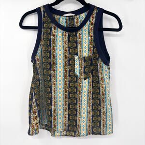 Lush Sleeveless Flowy Blouse Blue Yellow Geometric Stripes Front Pocket Summer S